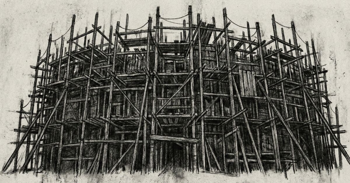 Kaoottinen rakennustelineverkko – väliaikainen rakenne josta tuli pysyvä