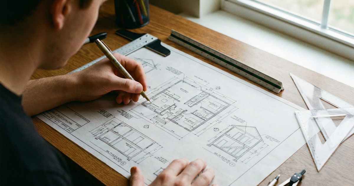 Käsi piirtää arkkitehtuuripiirustusta viivoittimen avulla